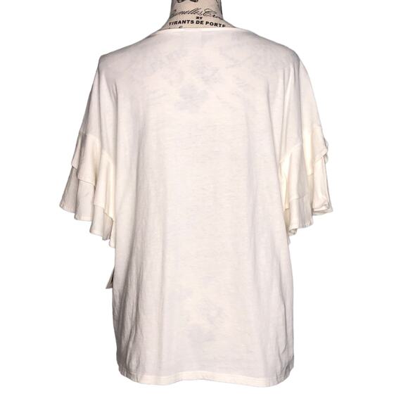 Worthington (M) Ruffle Short Bell Sleeve Split V Neck Blouse Tee Top Placket - Picture 5 of 12